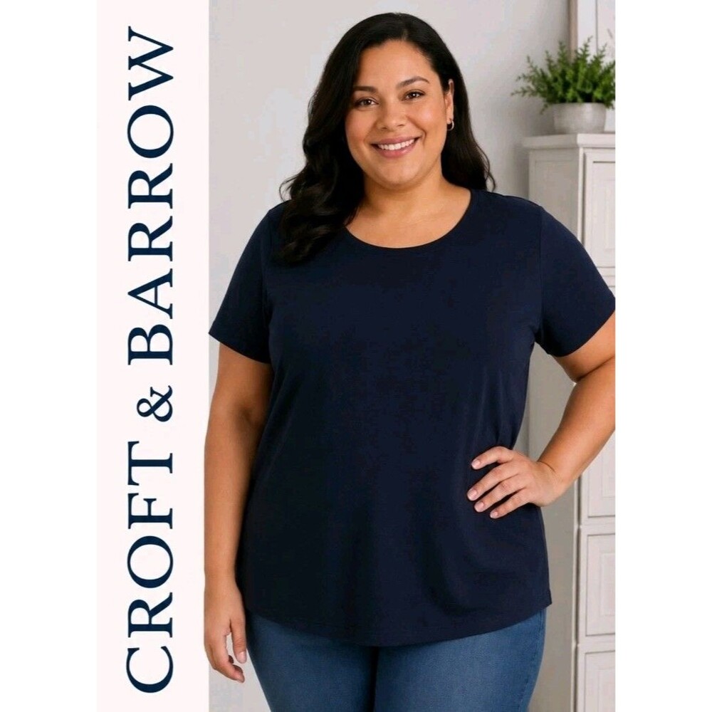 NWT CROFT & BARROW Womens 2X Minimalist Classic Tee Casual Pima Cotton Navy Top